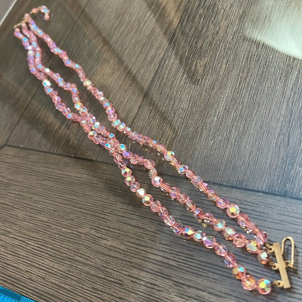 Vintage Three Strand Pink AB Crystal Necklace - Choker - Picture 10 of 16